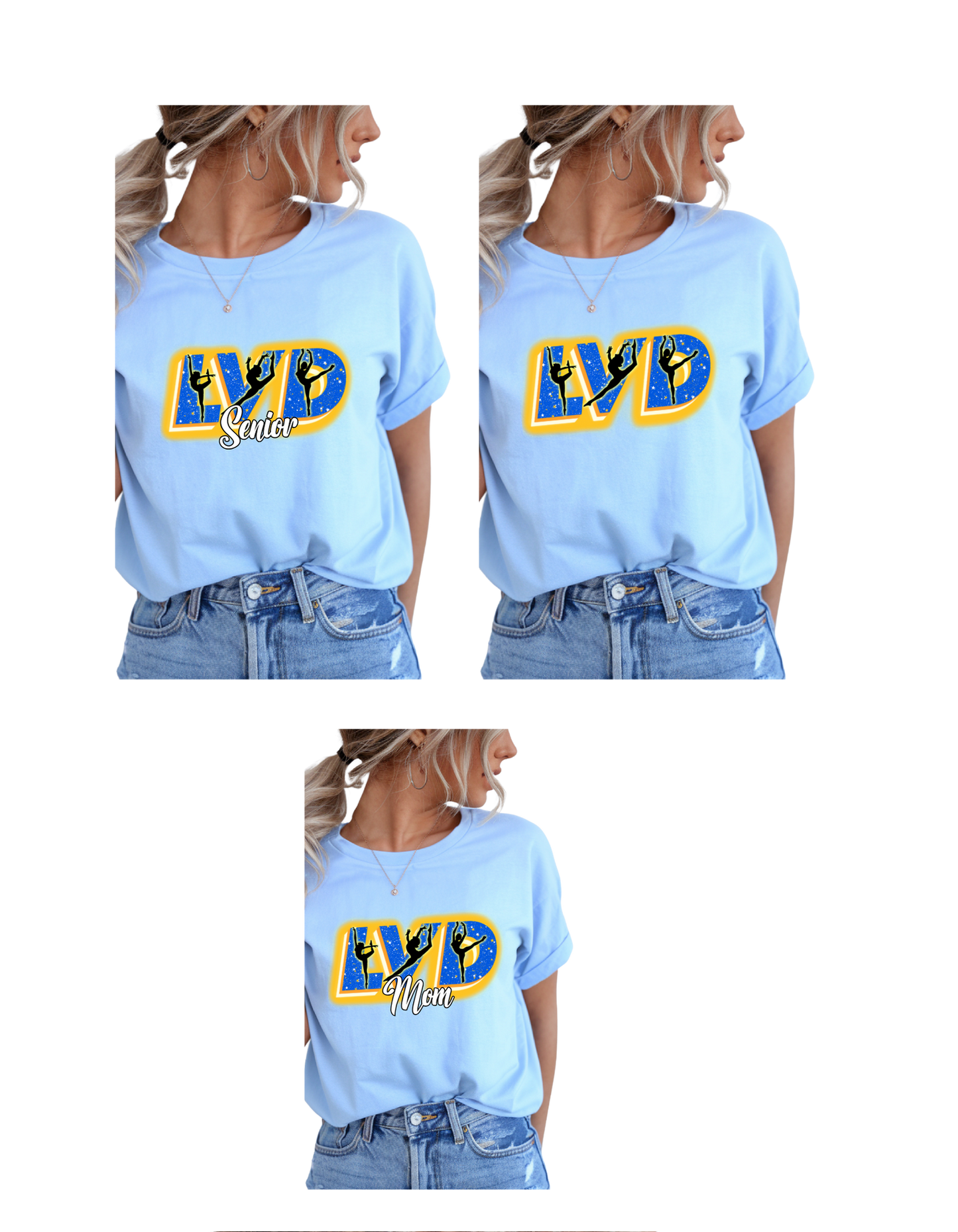 Lexington Varsity Dance Unisex T-Shirts with "LVD" Design options for FRONT.
