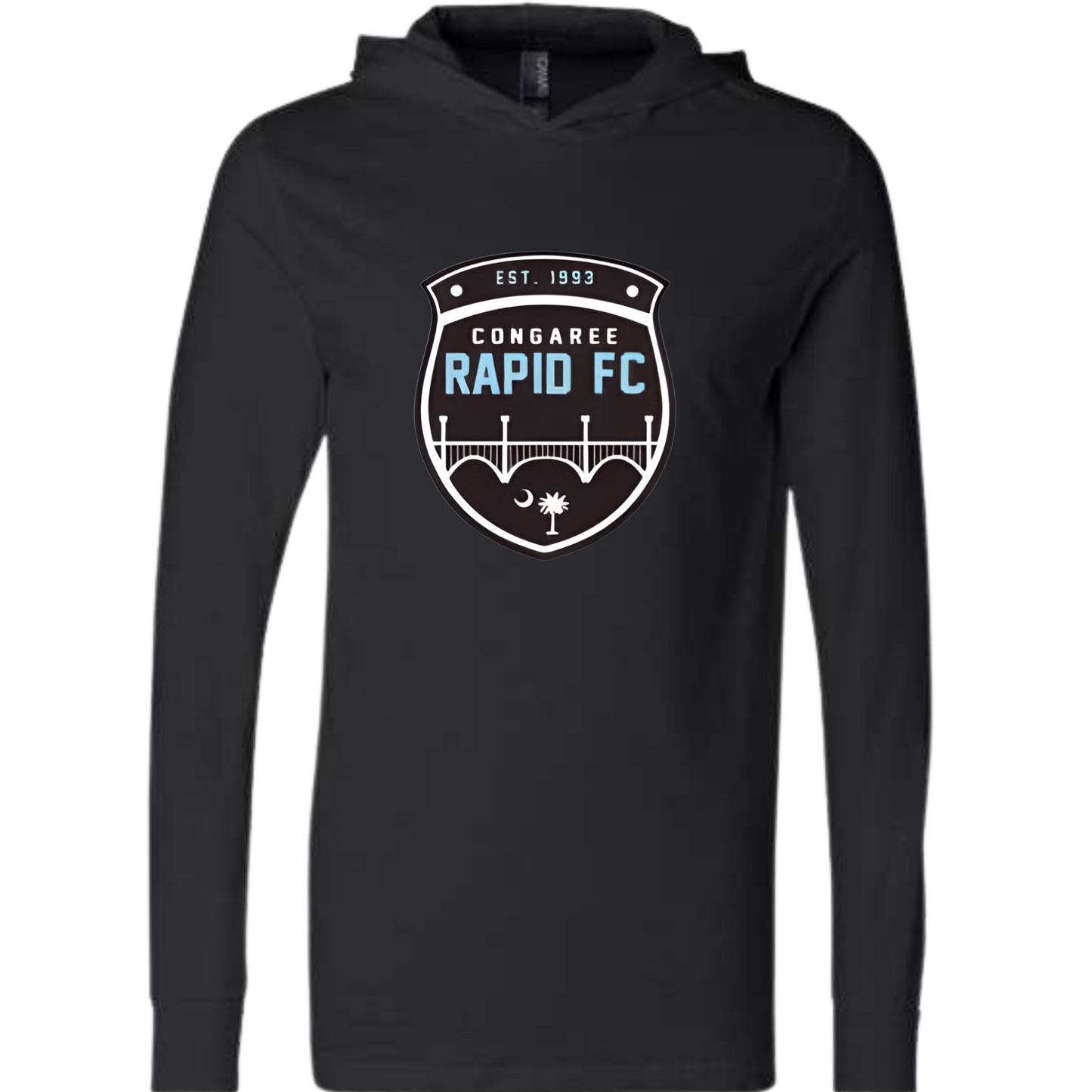 Congaree Rapid FC Unisex Jersey Hooded Long Sleeve Tee with Congaree Logo on FRONT (BLACK)