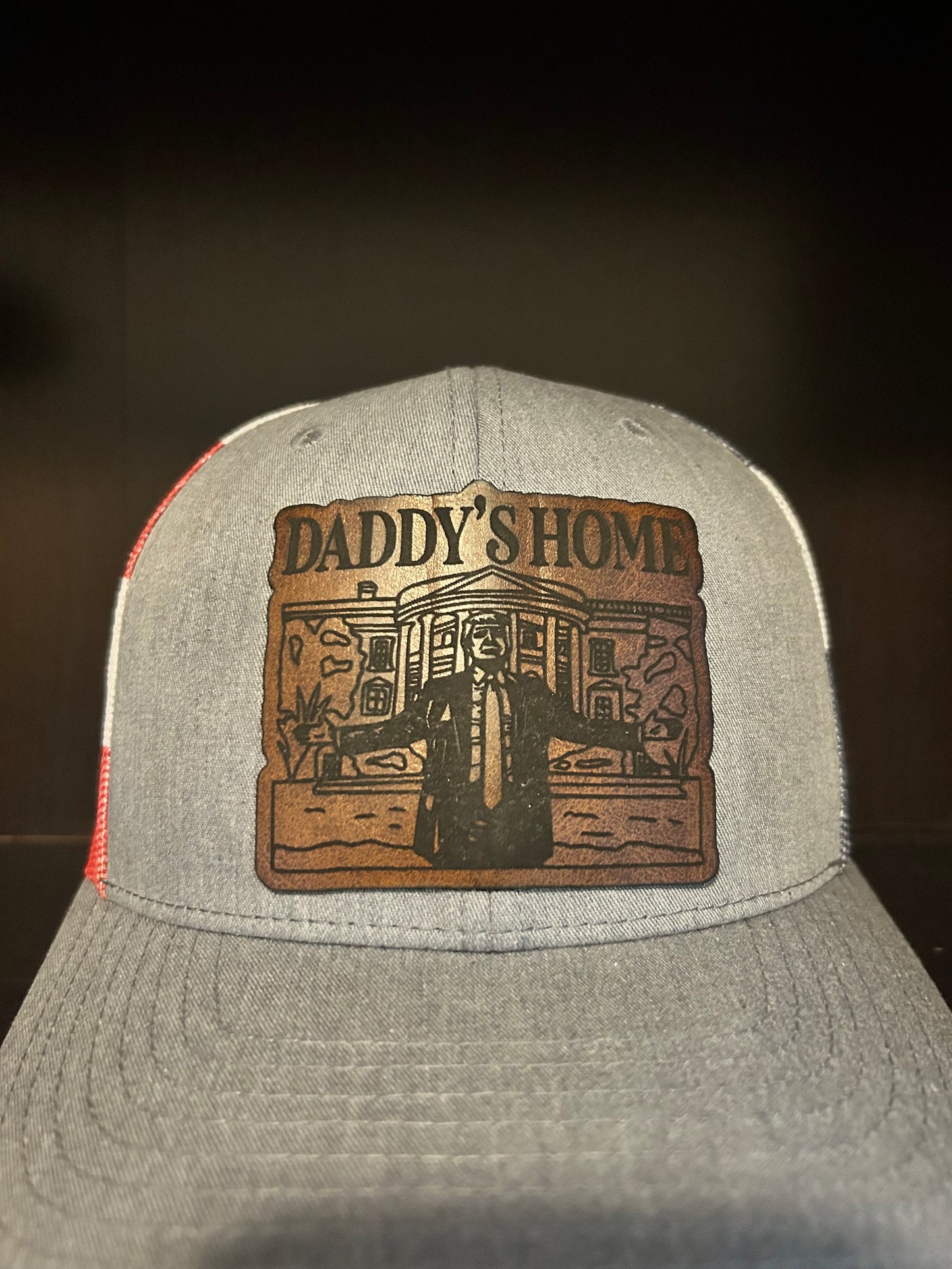 “Daddy's Home" President Trump custom leather patch on Trucker Hat Grey Front/American Flag Back