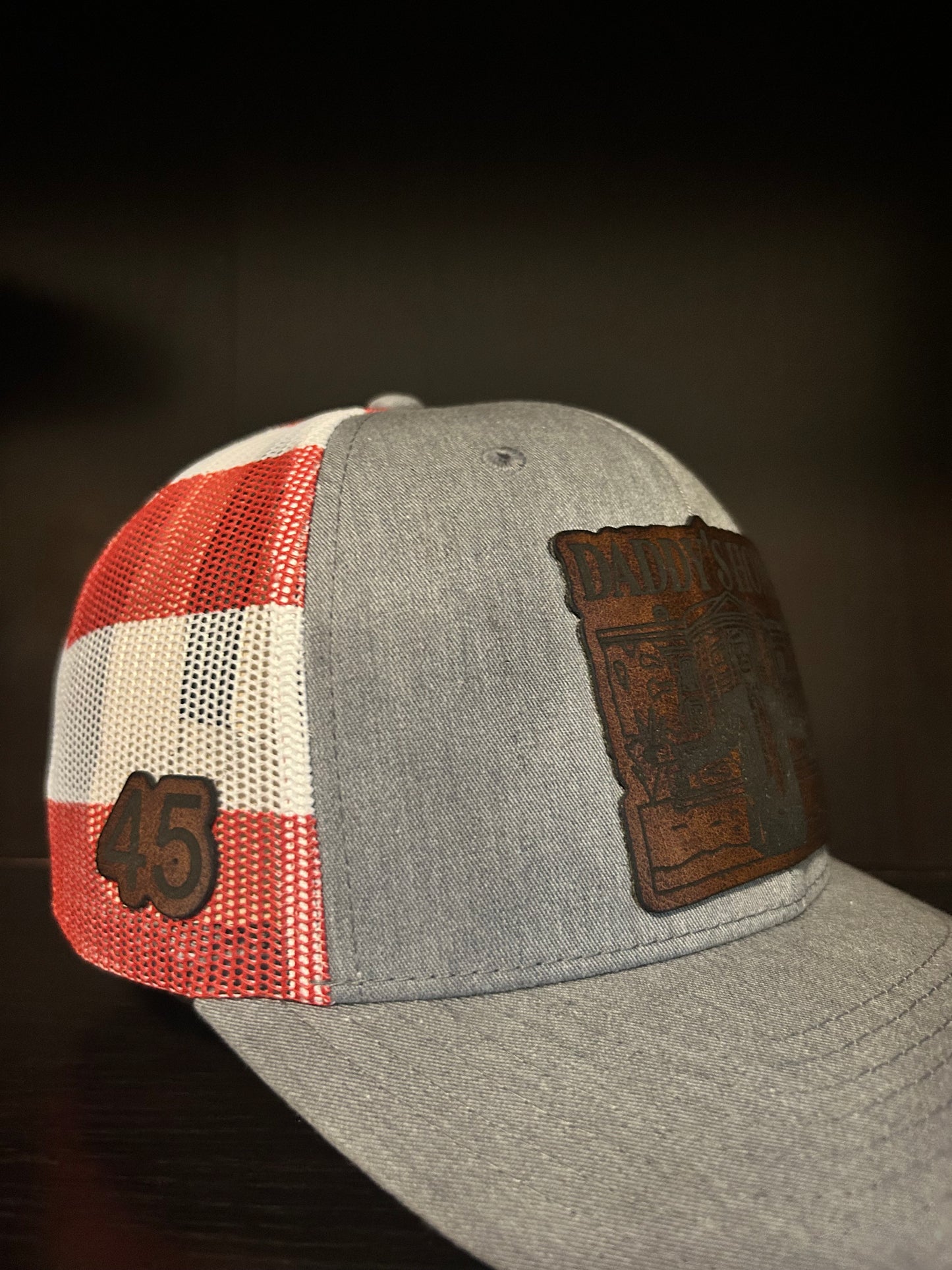“Daddy's Home" President Trump custom leather patch on Trucker Hat Grey Front/American Flag Back