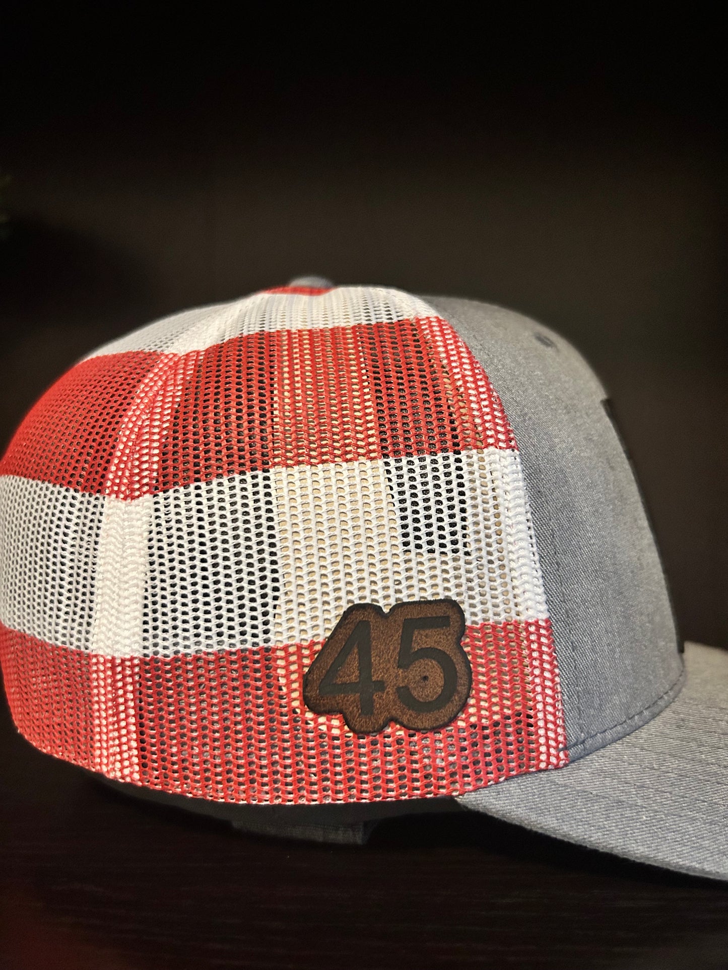 “Daddy's Home" President Trump custom leather patch on Trucker Hat Grey Front/American Flag Back