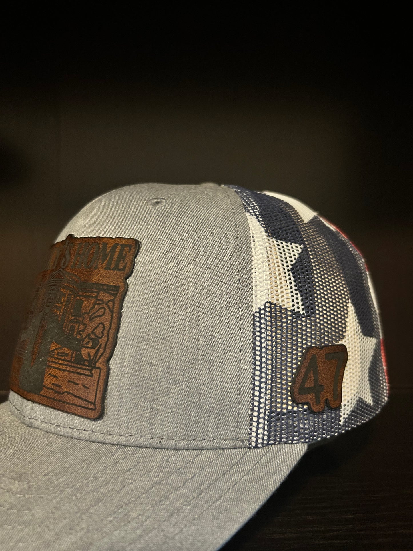“Daddy's Home" President Trump custom leather patch on Trucker Hat Grey Front/American Flag Back