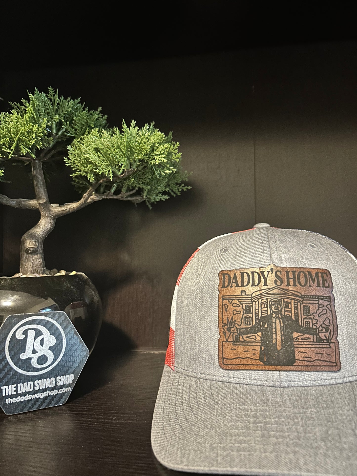 “Daddy's Home" President Trump custom leather patch on Trucker Hat Grey Front/American Flag Back
