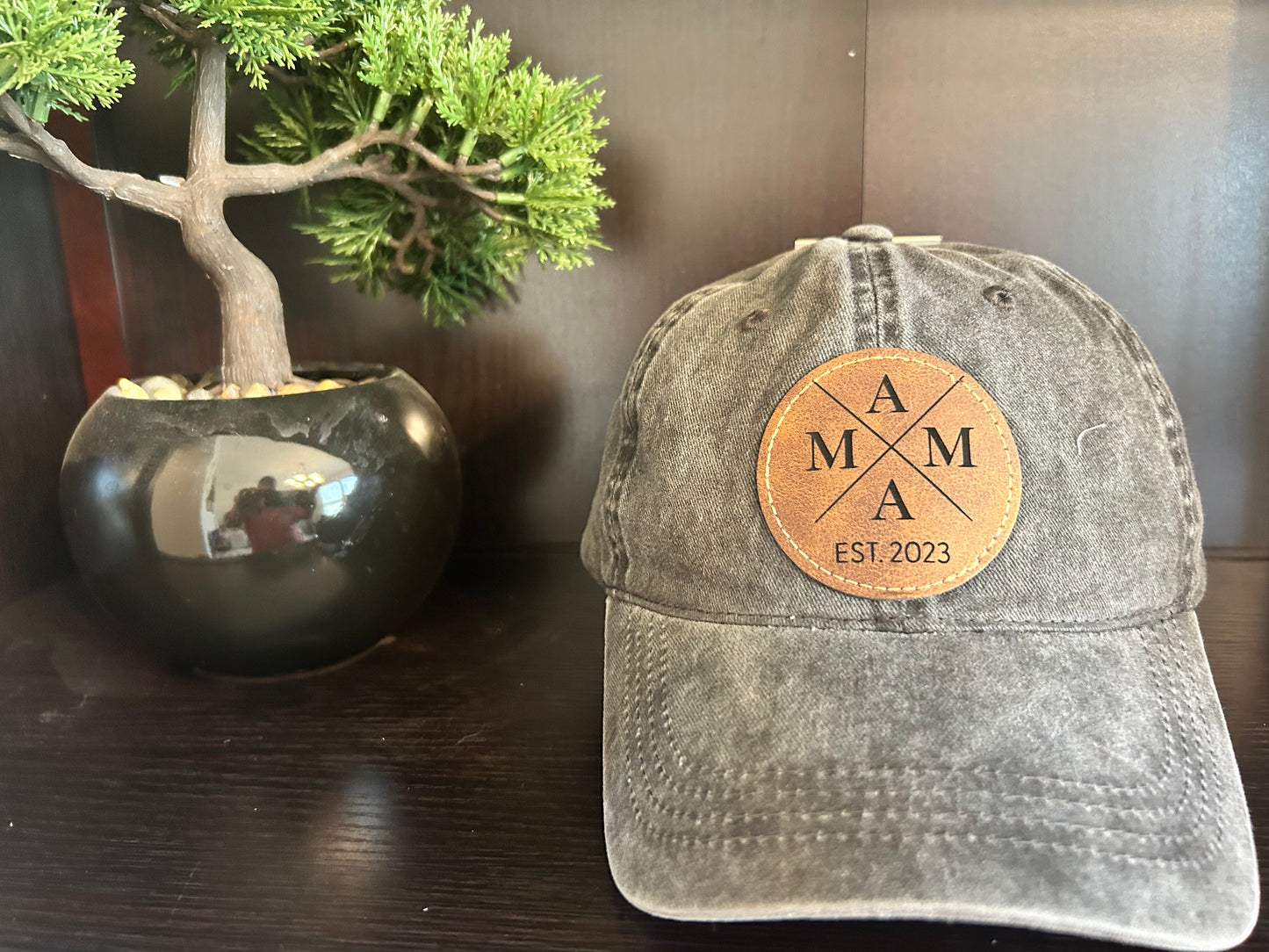 "MAMA Established" Rustic Patch on Adjustable Hat with Pony Tail Slot
