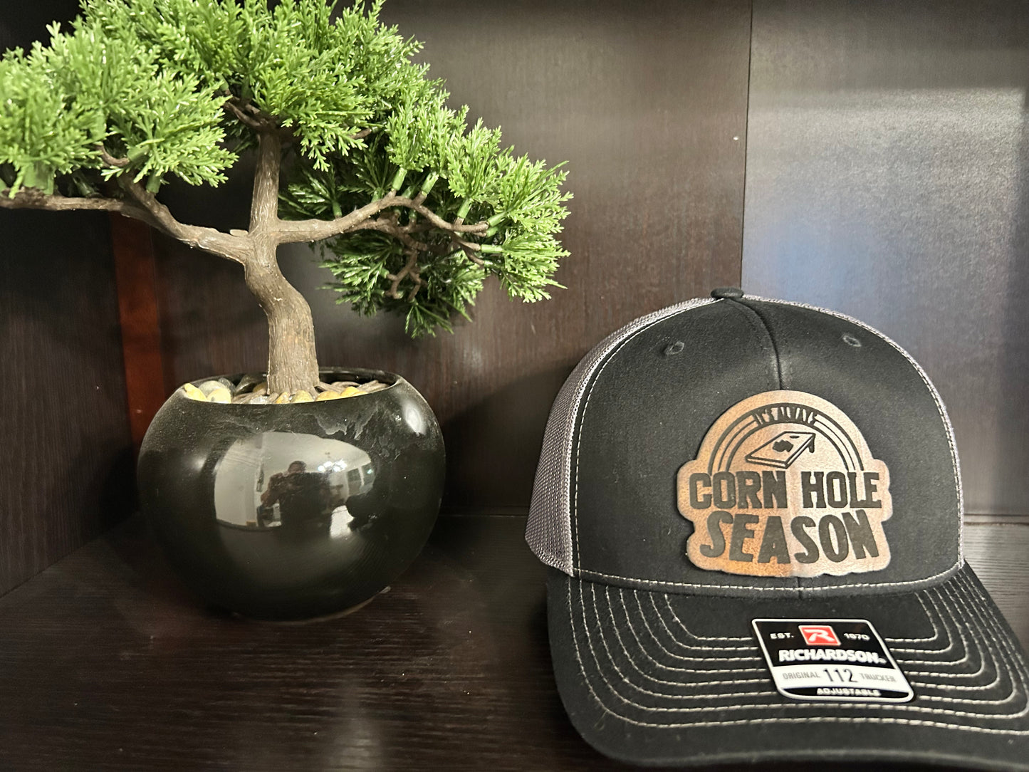 "It's Always Cornhole Season" Custom Patch on Black/Charcoal Trucker Hat