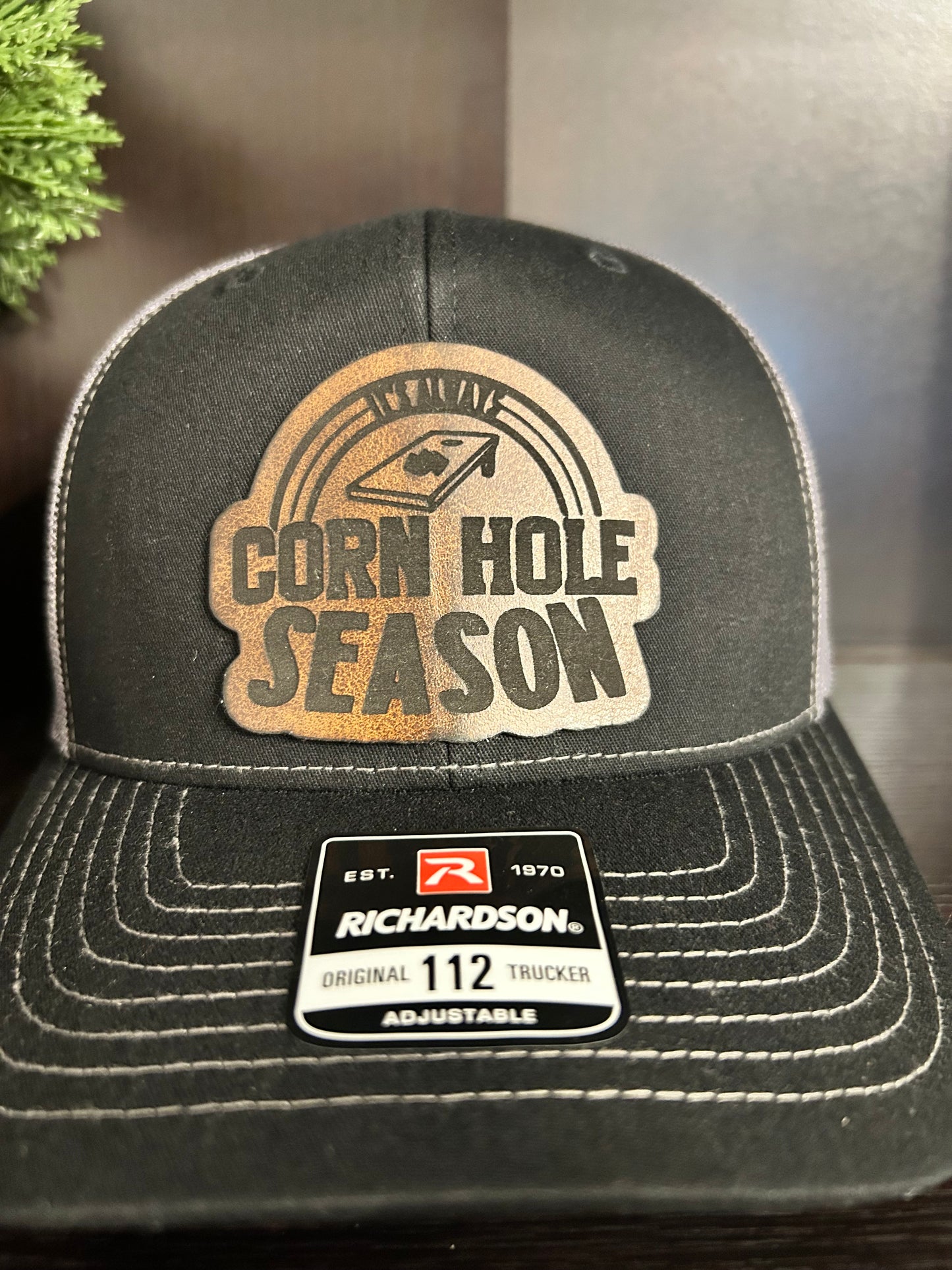 "It's Always Cornhole Season" Custom Patch on Black/Charcoal Trucker Hat