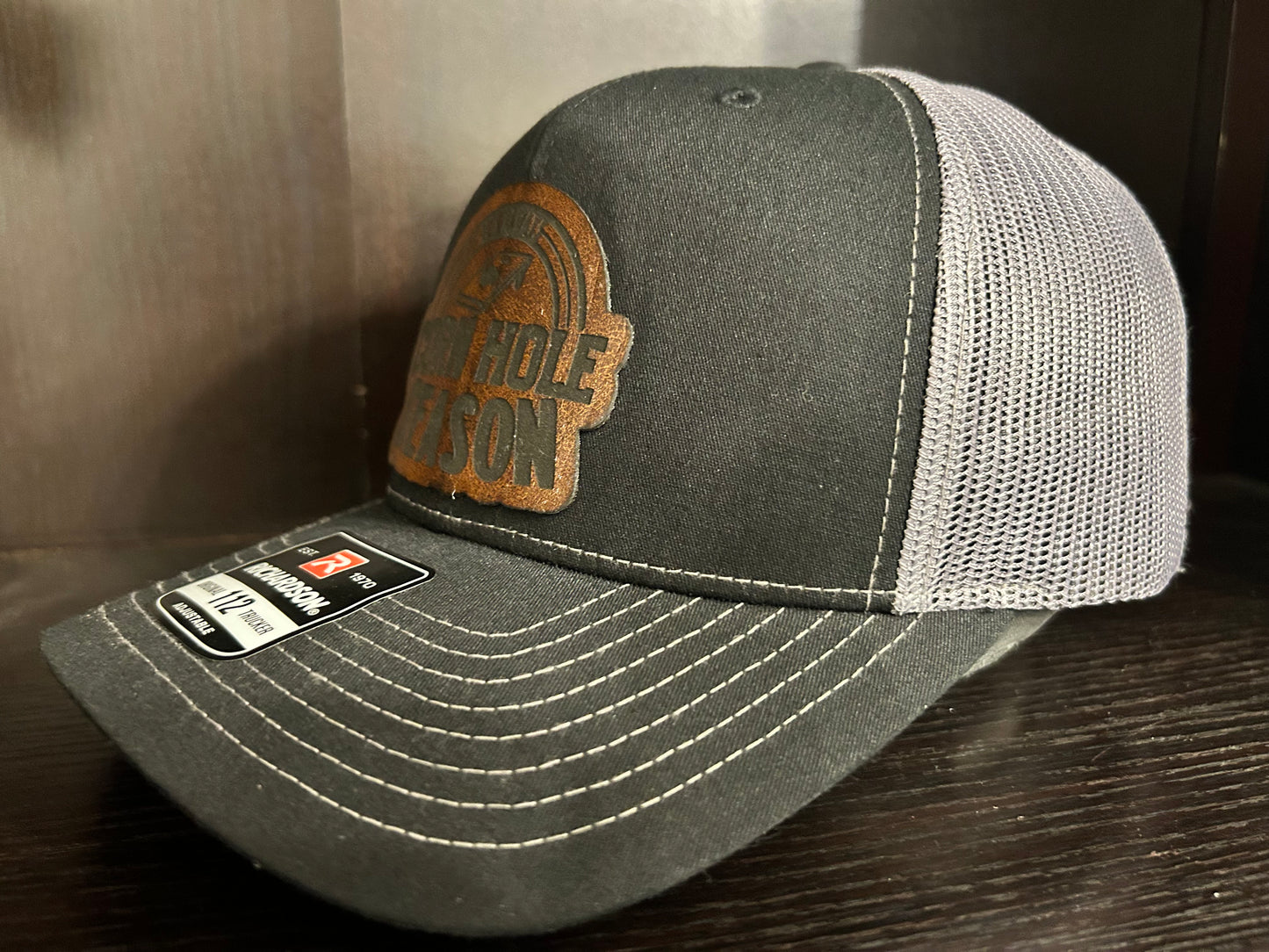 "It's Always Cornhole Season" Custom Patch on Black/Charcoal Trucker Hat