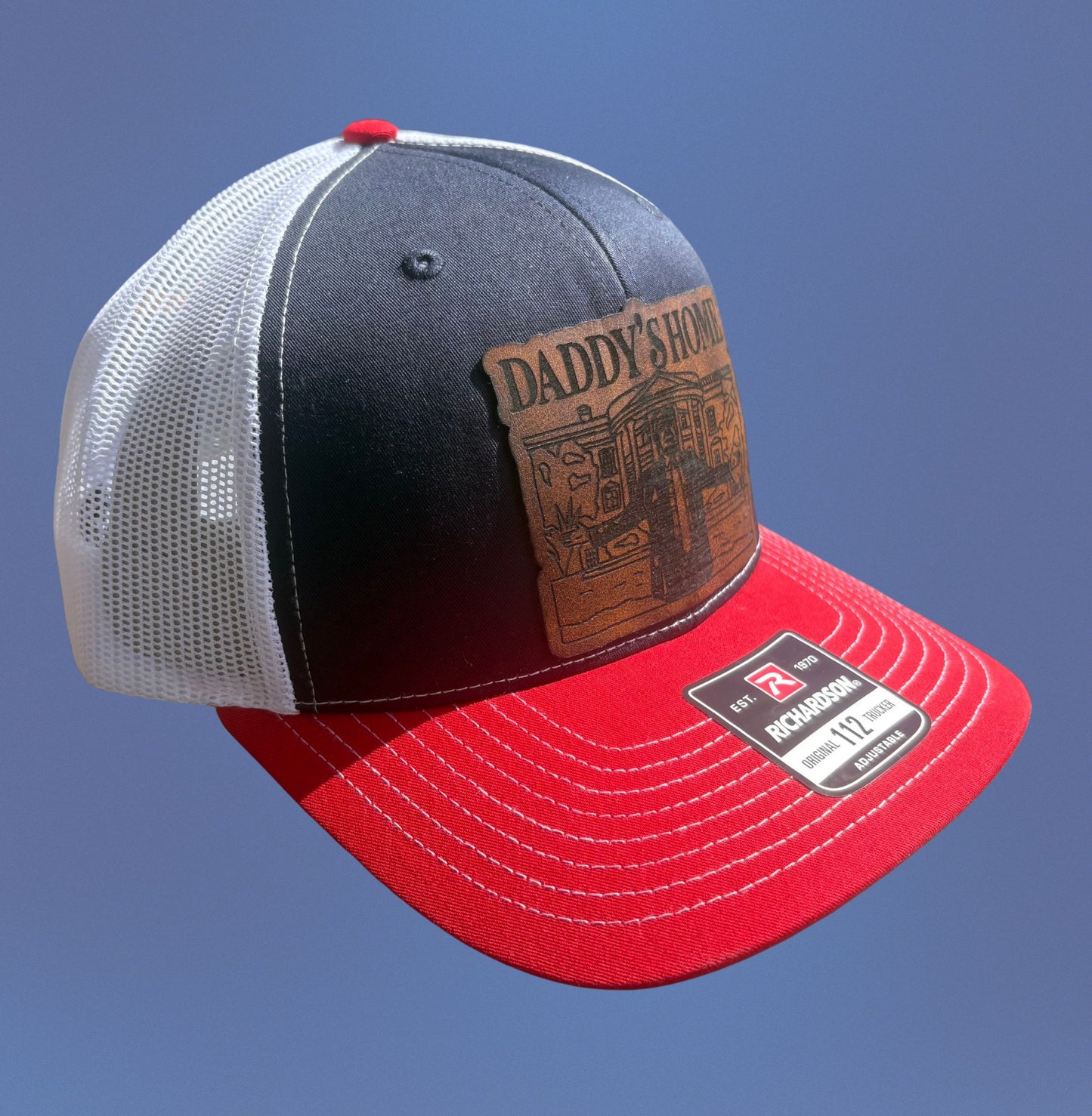 “Daddy's Home" President Trump custom leather patch on Trucker Hat Navy/Red/White