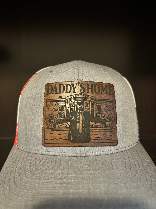 “Daddy's Home" President Trump custom leather patch on Trucker Hat Grey Front/American Flag Back