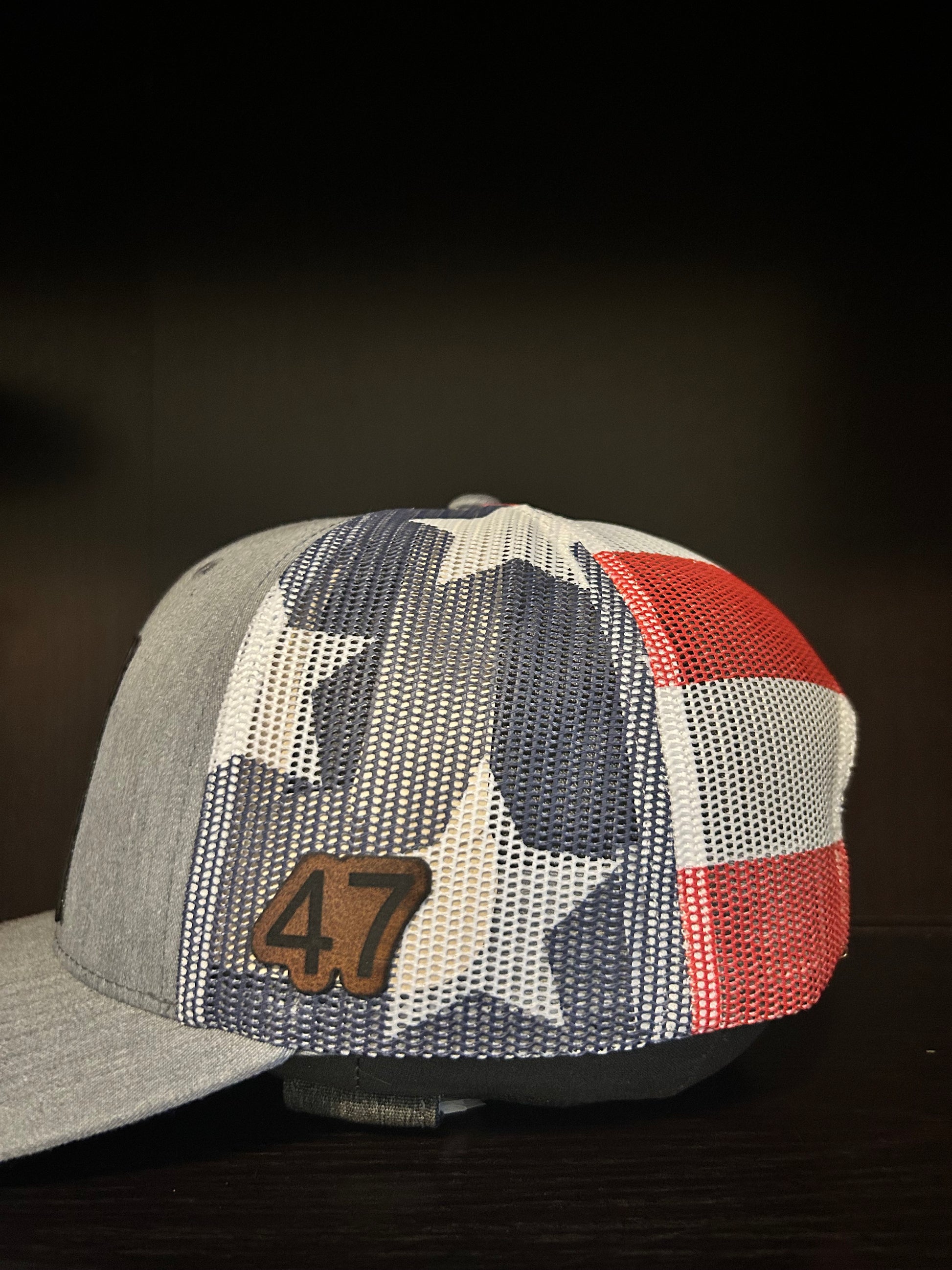 “Daddy's Home" President Trump custom leather patch on Trucker Hat Grey Front/American Flag Back