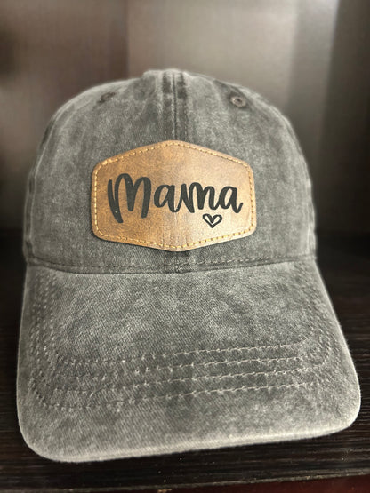"Mama" Rustic Patch on Adjustable Hat with Pony Tail Slot