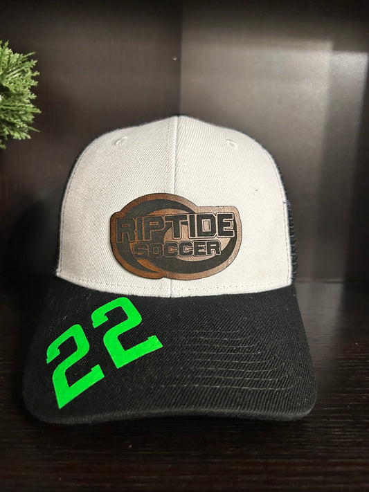 "Riptide Soccer" custom cut Patch on White/Black Trucker Hat