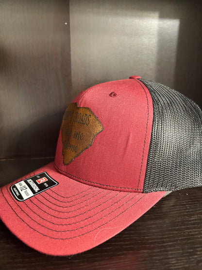 "Country Roads Take Me Home" on a SC shaped leather Patch on Trucker Hat Maroon/Black
