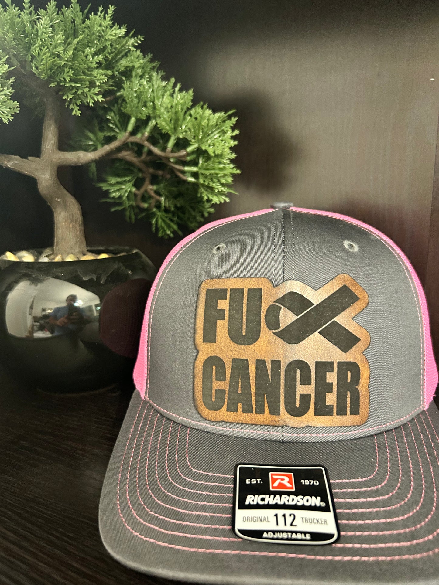 “F Cancer" custom leather patch on a Trucker Hat Charcoal/Pink
