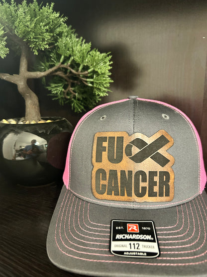 “F Cancer" custom leather patch on a Trucker Hat Charcoal/Pink
