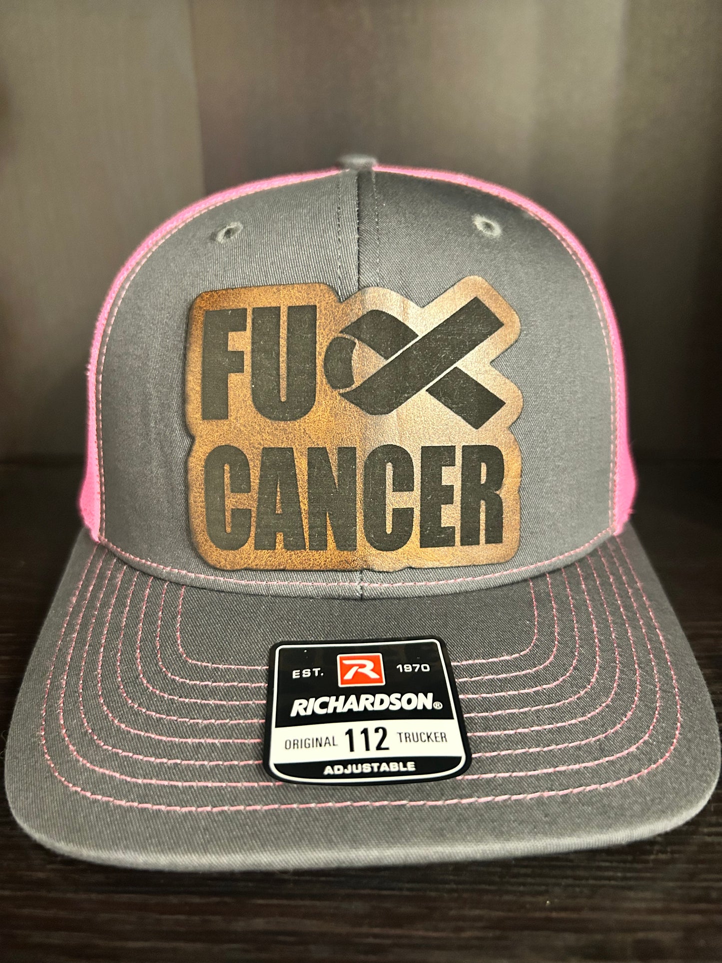 “F Cancer" custom leather patch on a Trucker Hat Charcoal/Pink
