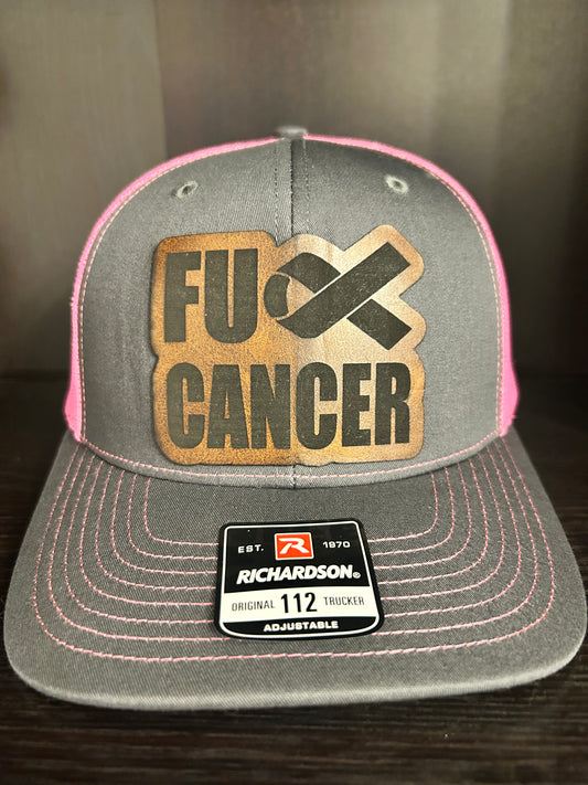 “F Cancer" custom leather patch on a Trucker Hat Charcoal/Pink