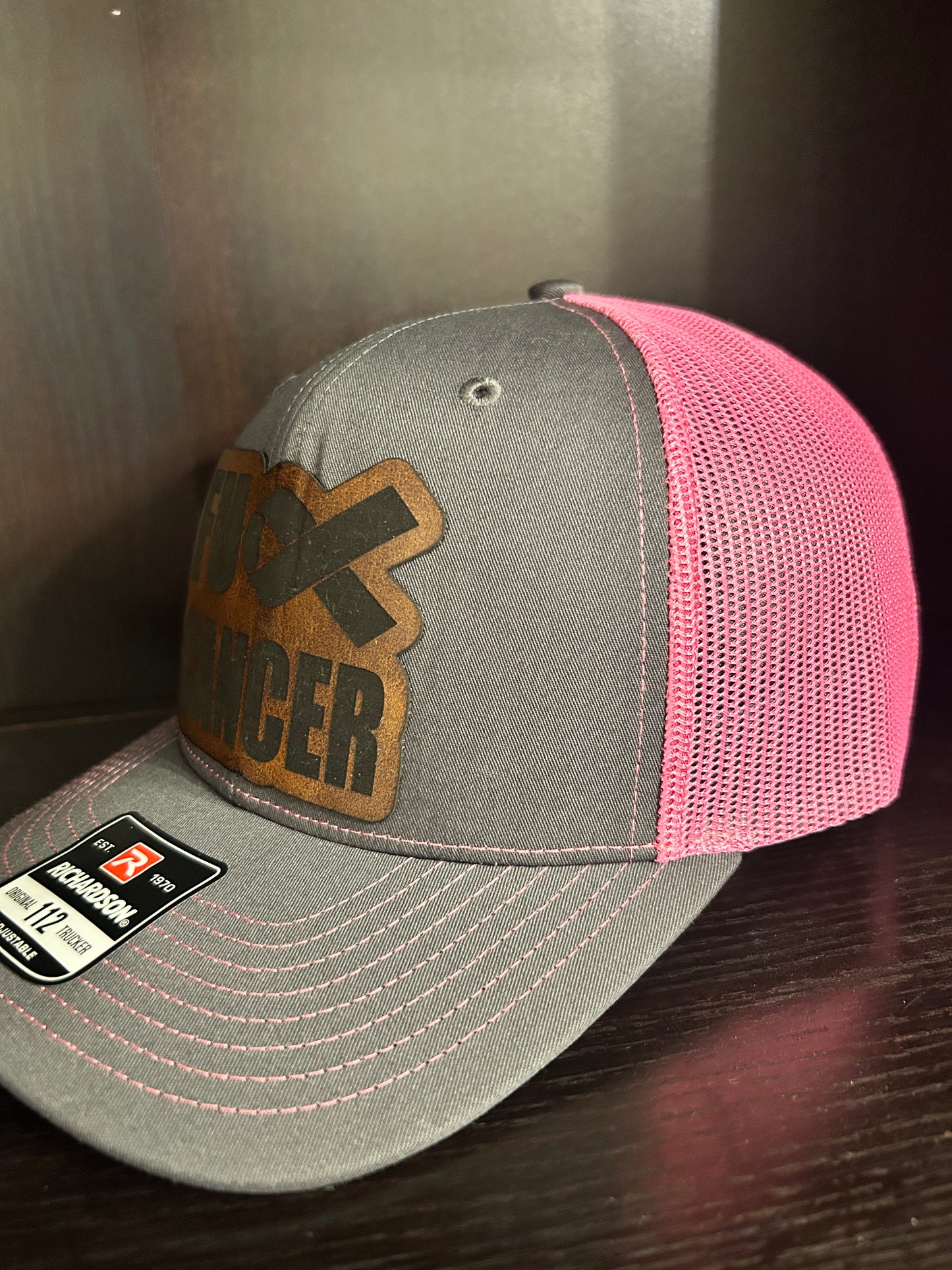“F Cancer" custom leather patch on a Trucker Hat Charcoal/Pink