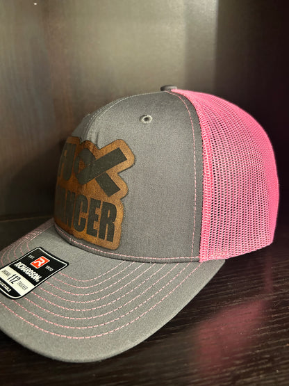 “F Cancer" custom leather patch on a Trucker Hat Charcoal/Pink