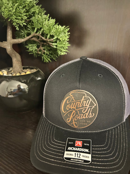 “Country Roads Take Me Home" custom leather patch on Trucker Hat Black/Charcoal