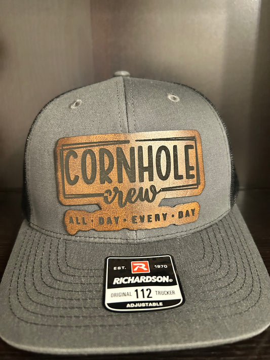 “Cornhole Crew All Day Everyday" custom leather patch on Trucker Hat Charcoal/Black