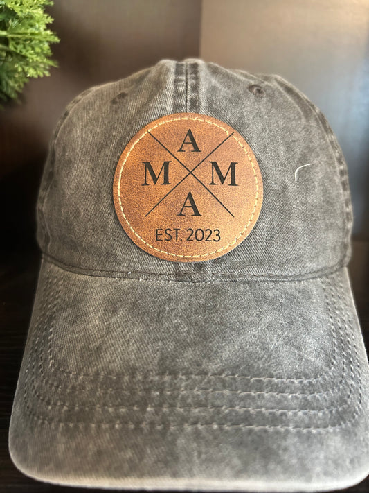 "MAMA Established" Rustic Patch on Adjustable Hat with Pony Tail Slot