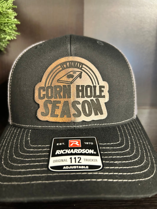 "It's Always Cornhole Season" Custom Patch on Black/Charcoal Trucker Hat