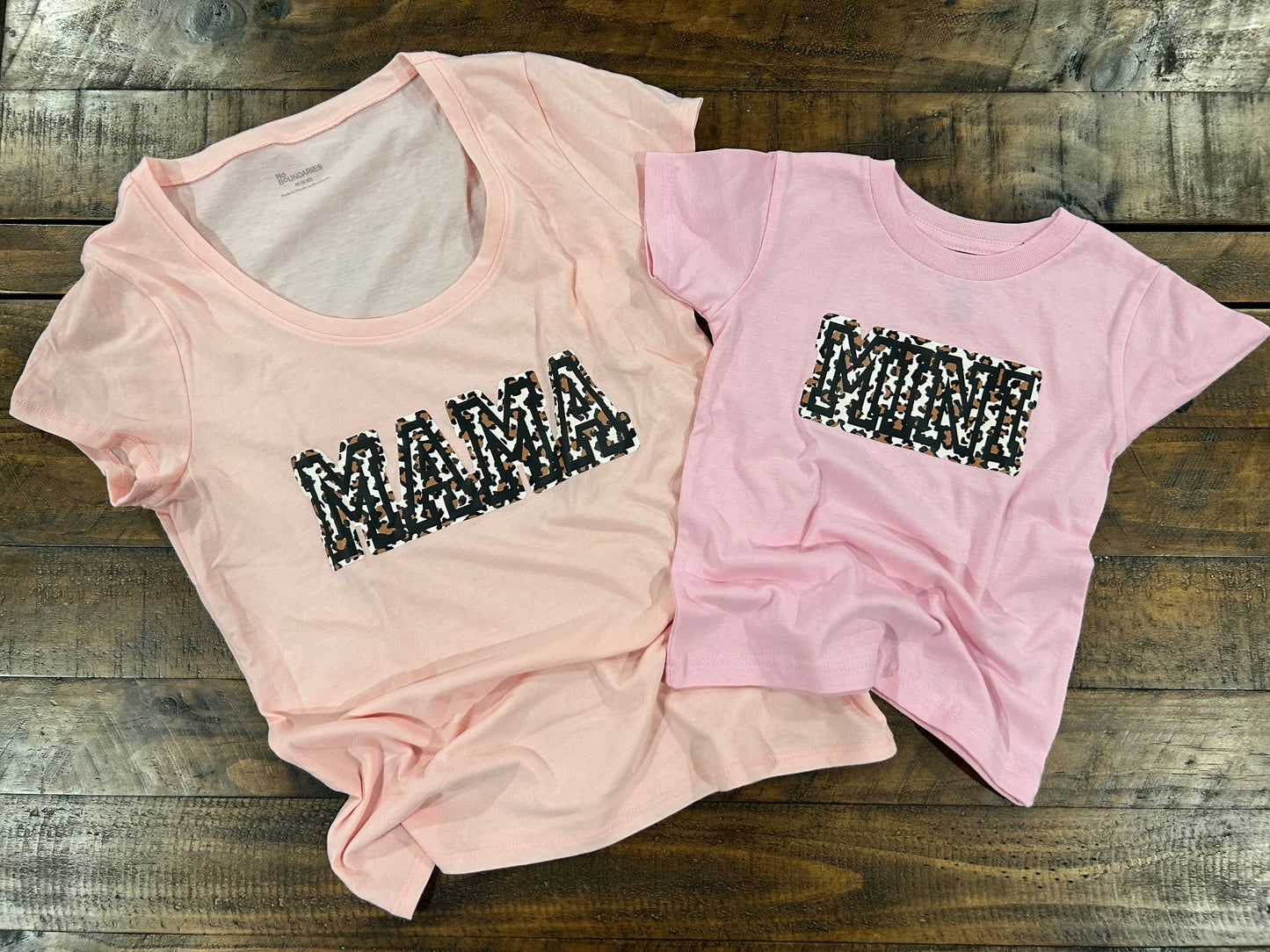 "Mama" and "Mini" Shirts - Scoop Neck T-Shirt with "Mama" and Youth shirt with "Mini" - Cheetah Print Lettering