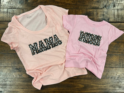 "Mama" and "Mini" Shirts - Scoop Neck T-Shirt with "Mama" and Youth shirt with "Mini" - Cheetah Print Lettering