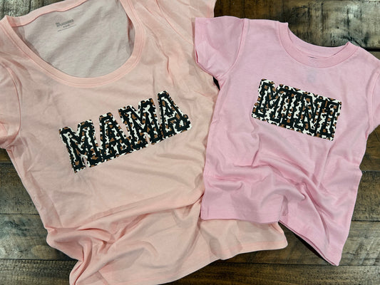 "Mama" and "Mini" Shirts - Scoop Neck T-Shirt with "Mama" and Youth shirt with "Mini" - Cheetah Print Lettering