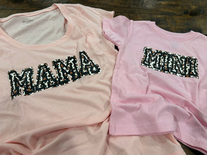 "Mama" and "Mini" Shirts - Scoop Neck T-Shirt with "Mama" and Youth shirt with "Mini" - Cheetah Print Lettering