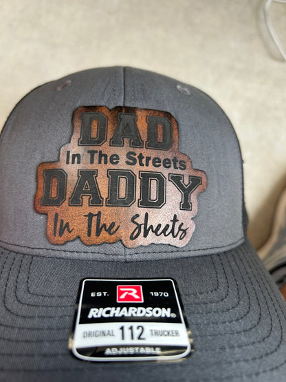 “DAD on the streets DADDY in the sheets" custom leather patch on Trucker Hat Charcoal/Black