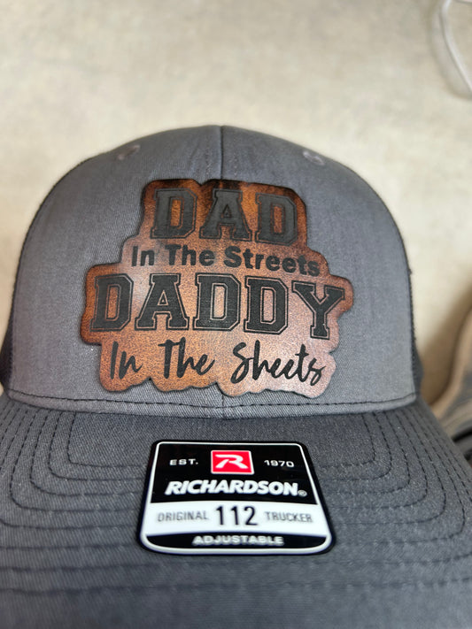 “DAD on the streets DADDY in the sheets" custom leather patch on Trucker Hat Charcoal/Black