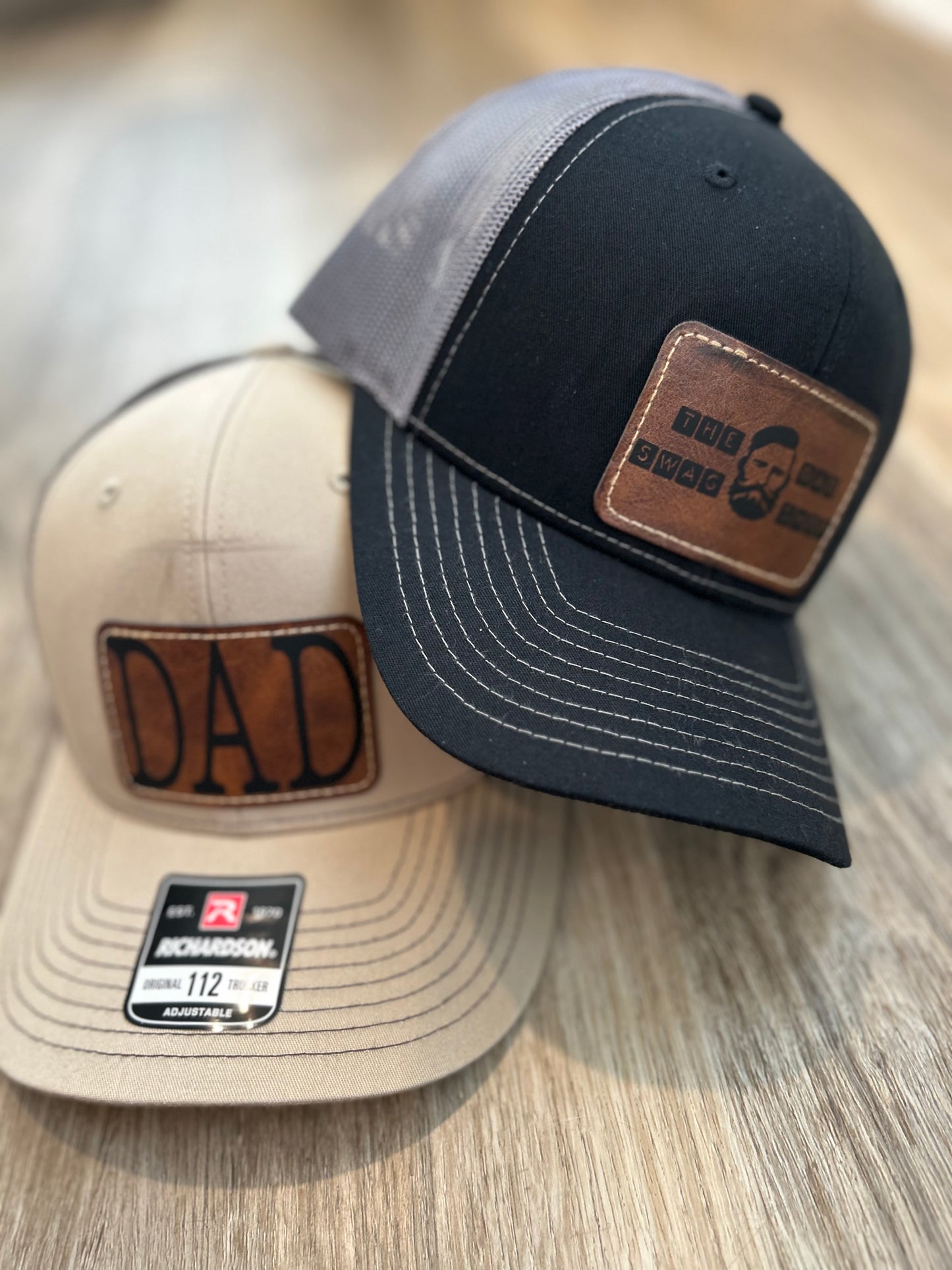"DAD" on Rustic Leather Patch Trucker Hat