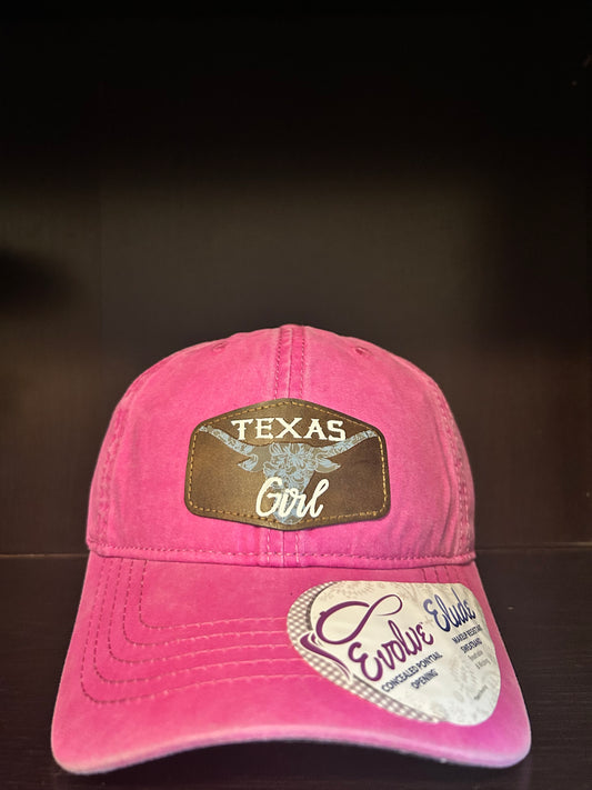 "Texas Girl" with Blue Bonnet Flower filled Longhorn on custom Rustic Patch on Adjustable Hat with Pony Tail Slot