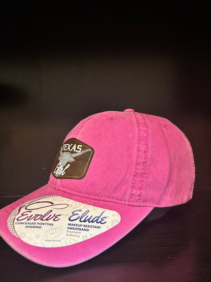 "Texas Girl" with Blue Bonnet Flower filled Longhorn on custom Rustic Patch on Adjustable Hat with Pony Tail Slot