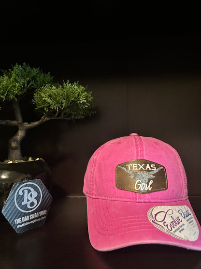 "Texas Girl" with Blue Bonnet Flower filled Longhorn on custom Rustic Patch on Adjustable Hat with Pony Tail Slot