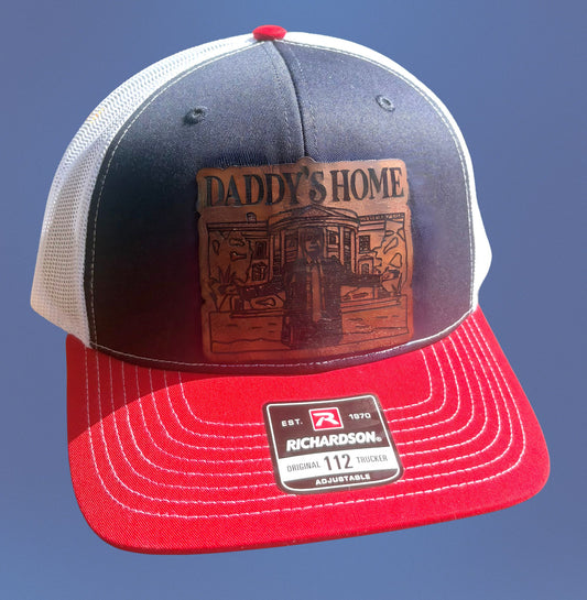 “Daddy's Home" President Trump custom leather patch on Trucker Hat Navy/Red/White