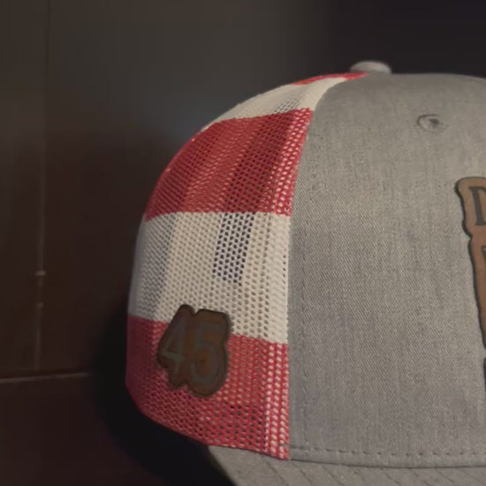 “Daddy's Home" President Trump custom leather patch on Trucker Hat Grey Front/American Flag Back
