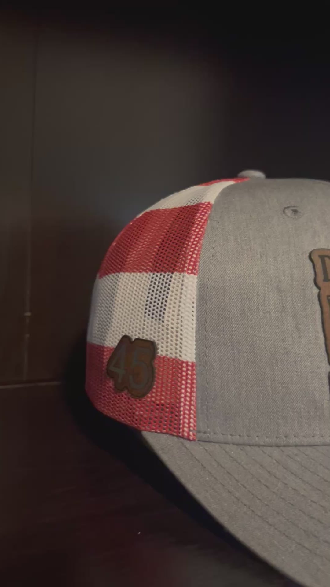 “Daddy's Home" President Trump custom leather patch on Trucker Hat Grey Front/American Flag Back