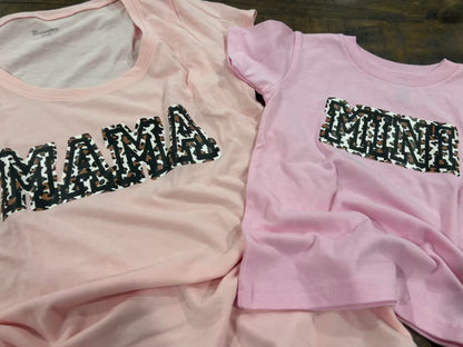 "Mama" and "Mini" Shirts - Scoop Neck T-Shirt with "Mama" and Youth shirt with "Mini" - Cheetah Print Lettering